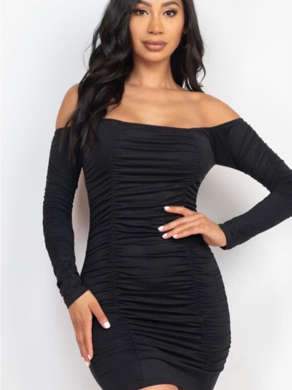 Off-Shoulder Ruched Mini Dress in Black